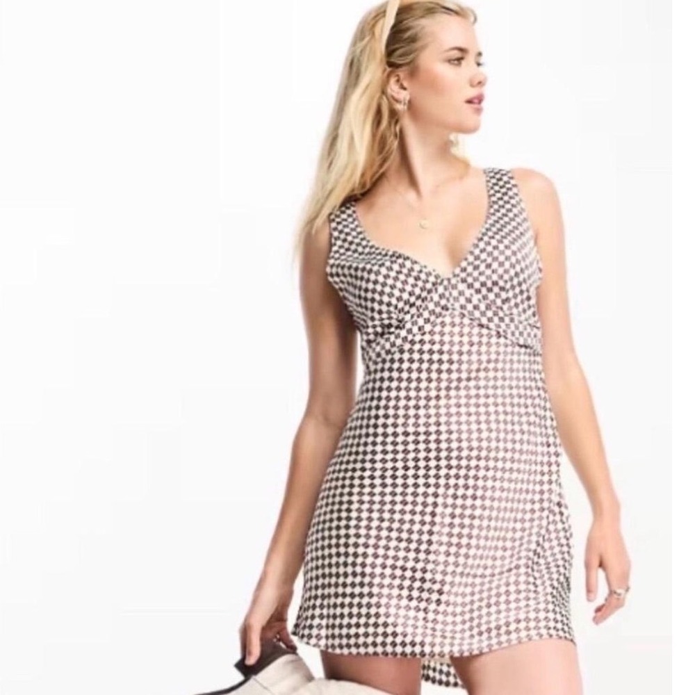 Abercrombie and Fitch Brown Checkered Silky Slip Mini Dress V Neck Low Back XS